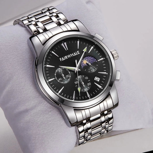 Men's Unique Analogue watch Sun/Moon Dial Date Stainless Steel Leather Strap
