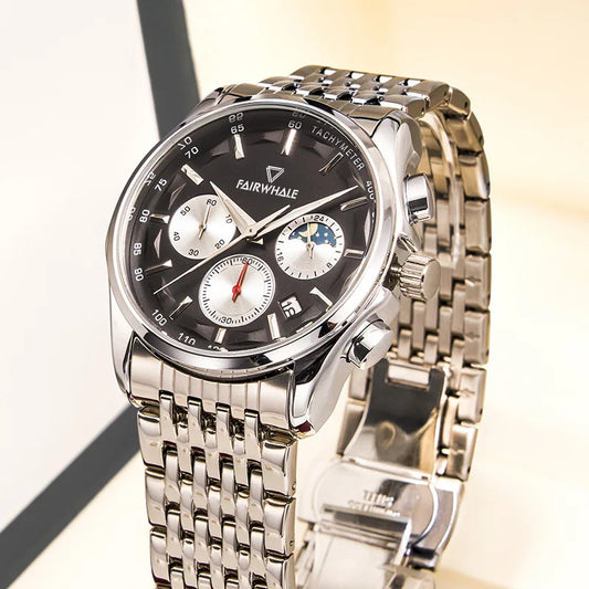 Men's Unique Analogue watch Sun/Moon Dial Date Stainless Steel Leather Strap