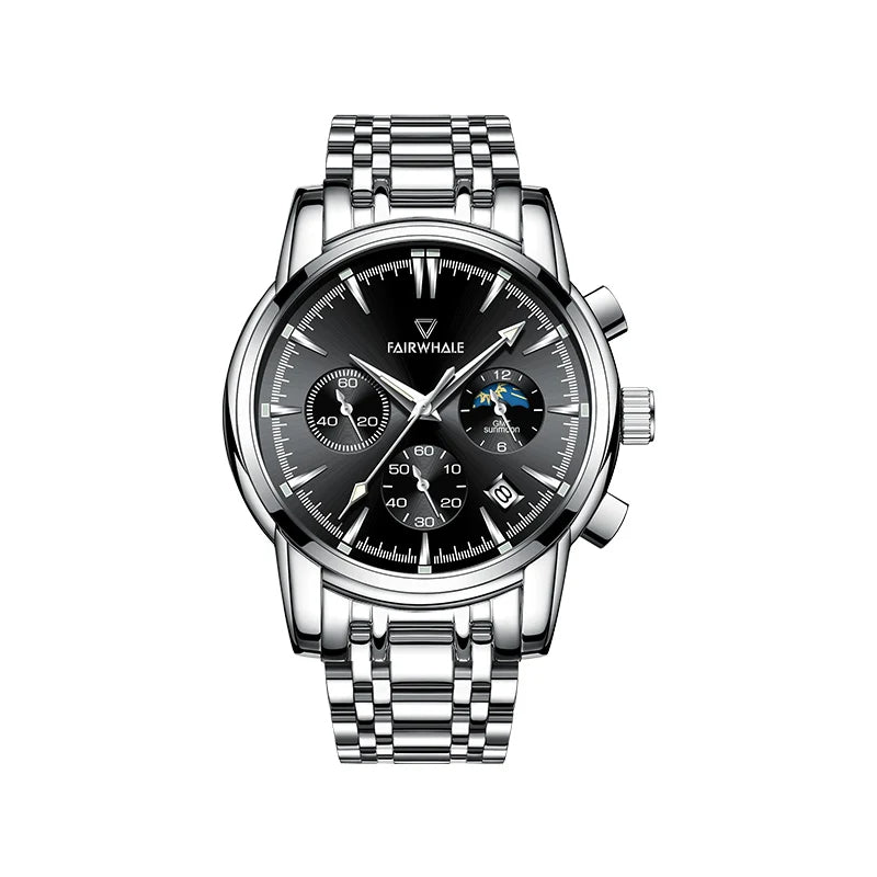 Men's Unique Analogue watch Sun/Moon Dial Date Stainless Steel Leather Strap