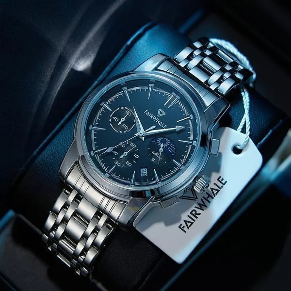 Men's Unique Analogue watch Sun/Moon Dial Date Stainless Steel Leather Strap
