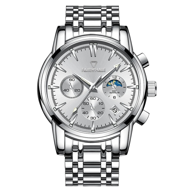 Men's Unique Analogue watch Sun/Moon Dial Date Stainless Steel Leather Strap