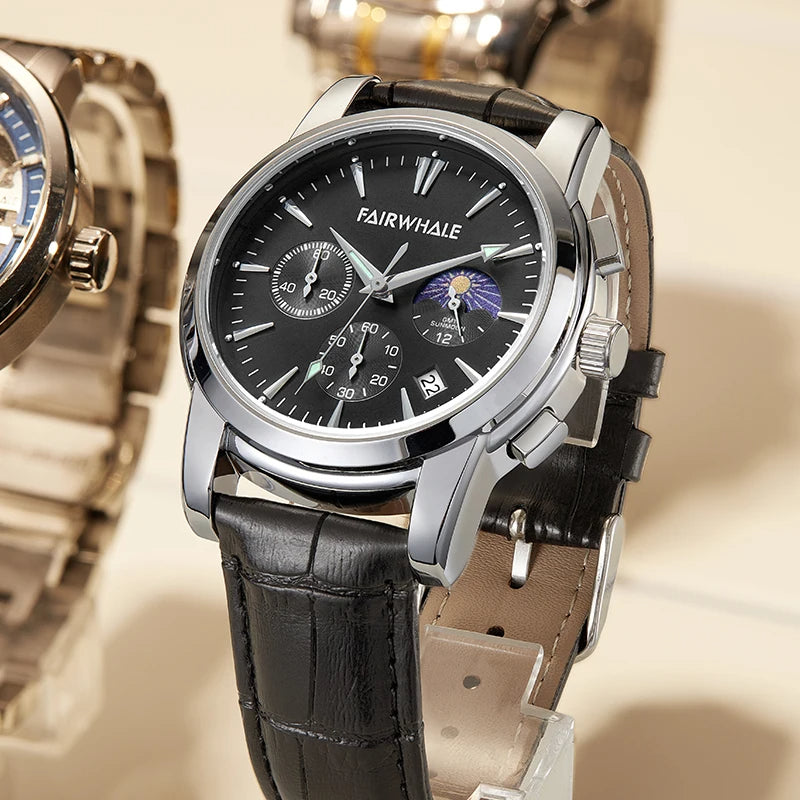 Men's Unique Analogue watch Sun/Moon Dial Date Stainless Steel Leather Strap