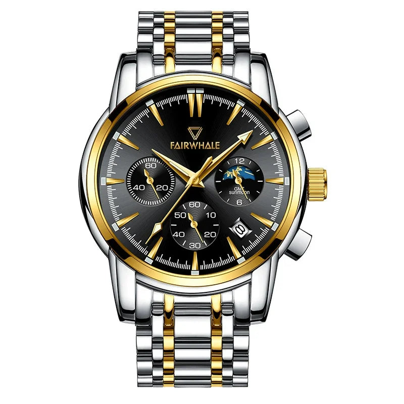 Men's Unique Analogue watch Sun/Moon Dial Date Stainless Steel Leather Strap
