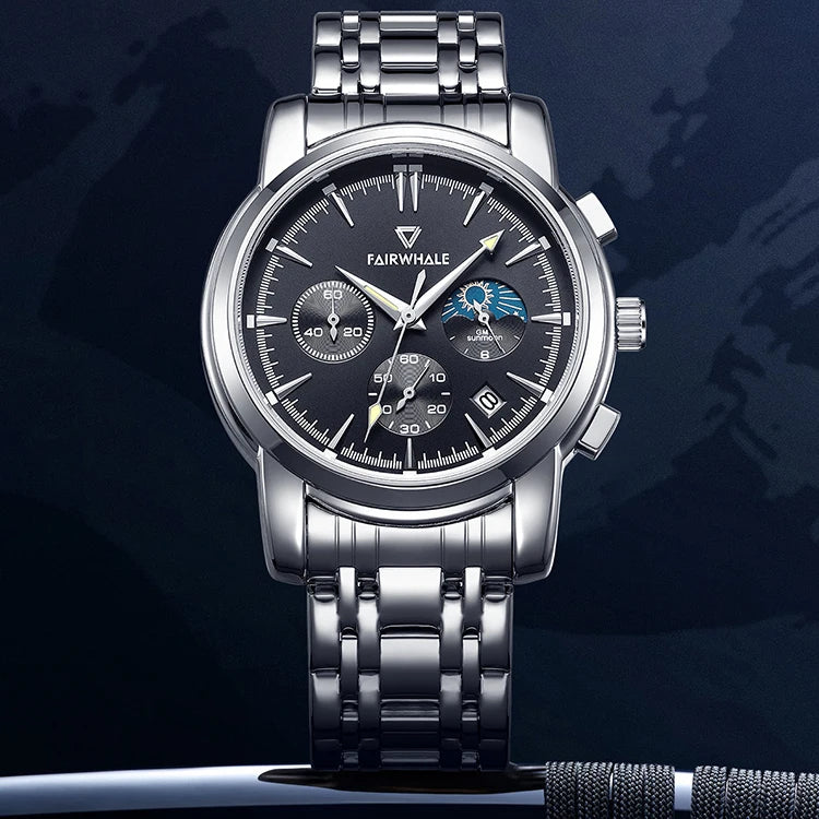 Men's Unique Analogue watch Sun/Moon Dial Date Stainless Steel Leather Strap