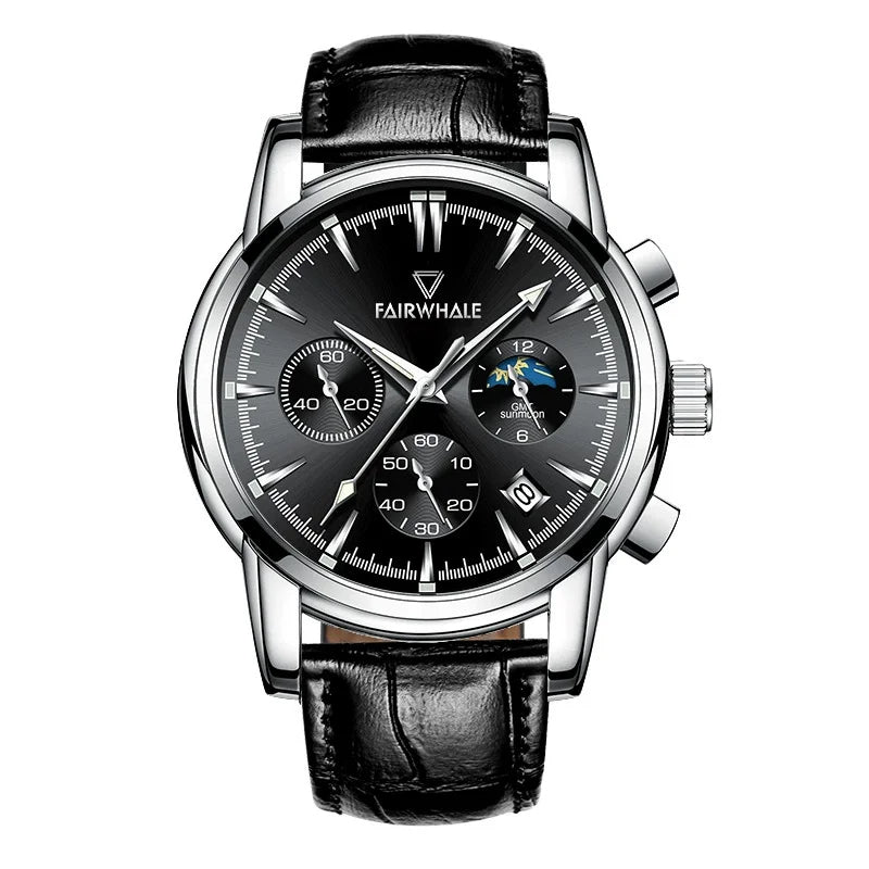 Men's Unique Analogue watch Sun/Moon Dial Date Stainless Steel Leather Strap
