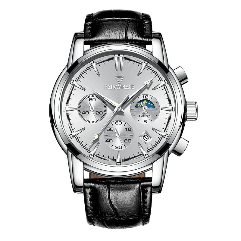 Men's Unique Analogue watch Sun/Moon Dial Date Stainless Steel Leather Strap