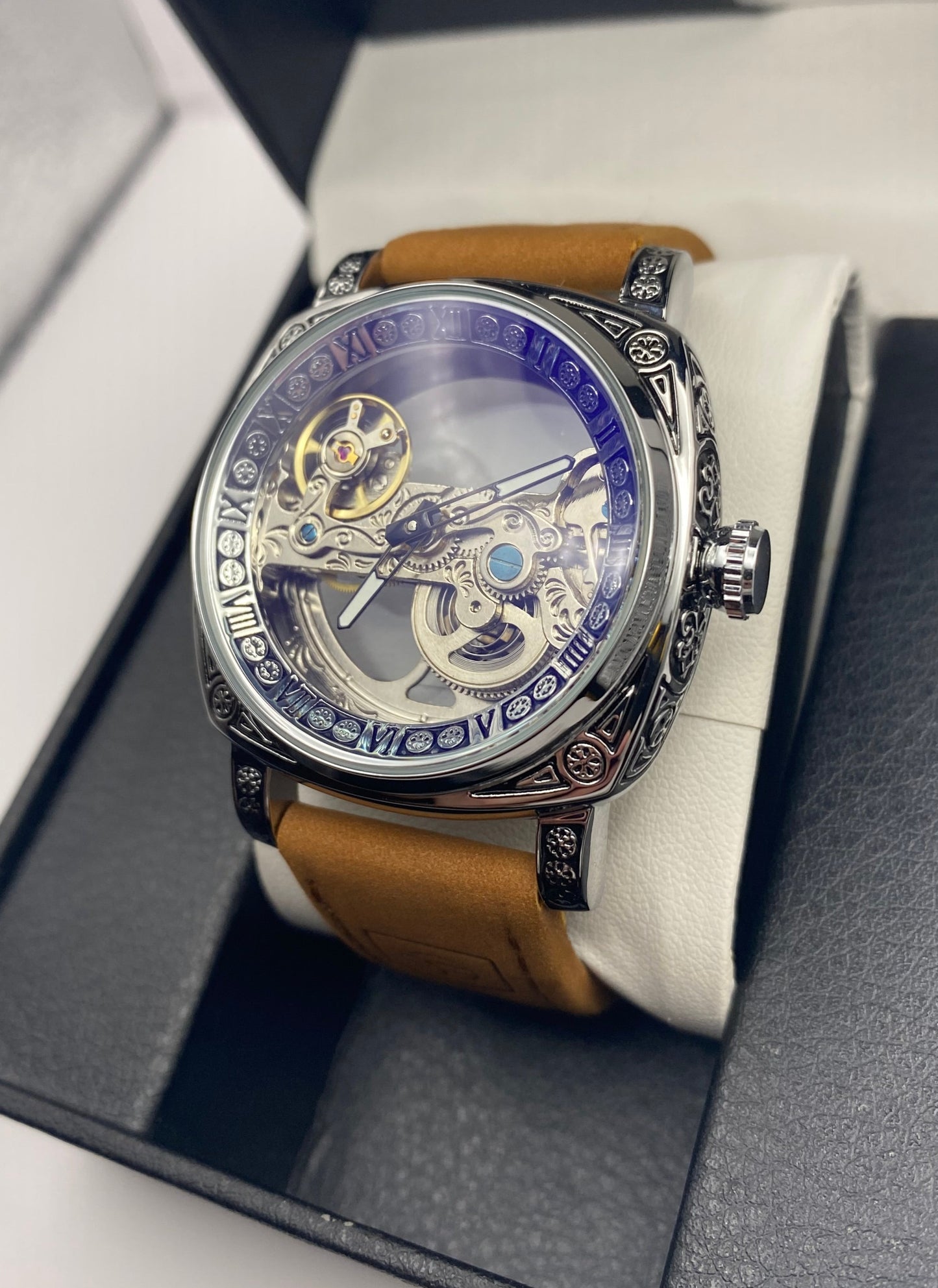 Automatic Watch Curved Vintage Mechanical Skeleton Wrist Watch Skeleton Leather Flywheel