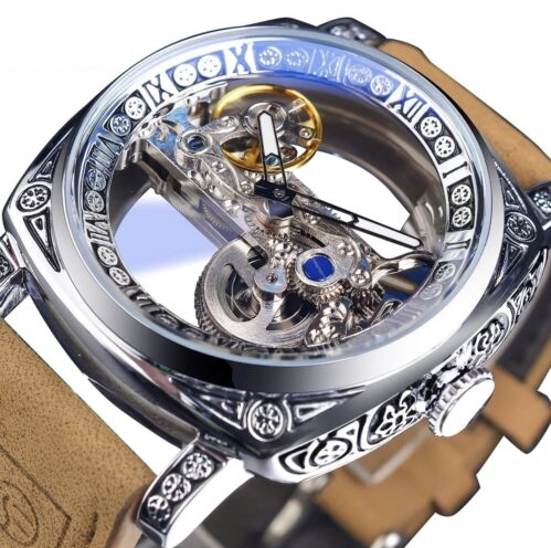 Automatic Watch Curved Vintage Mechanical Skeleton Wrist Watch Skeleton Leather Flywheel