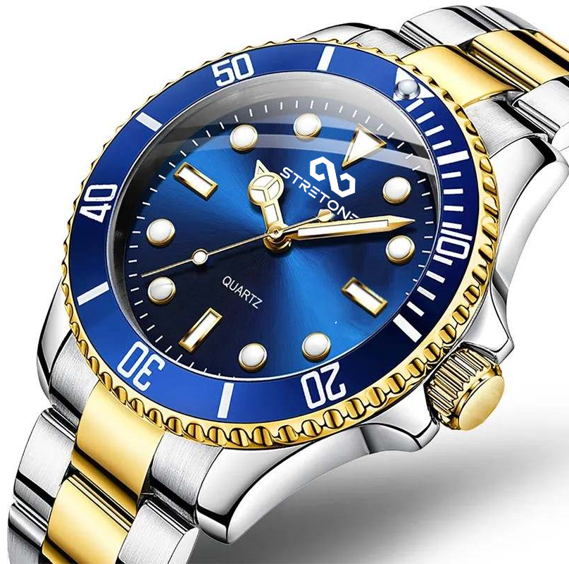 Mens Fashion stainless steel Business Wrist Watch Gold Blue Silver